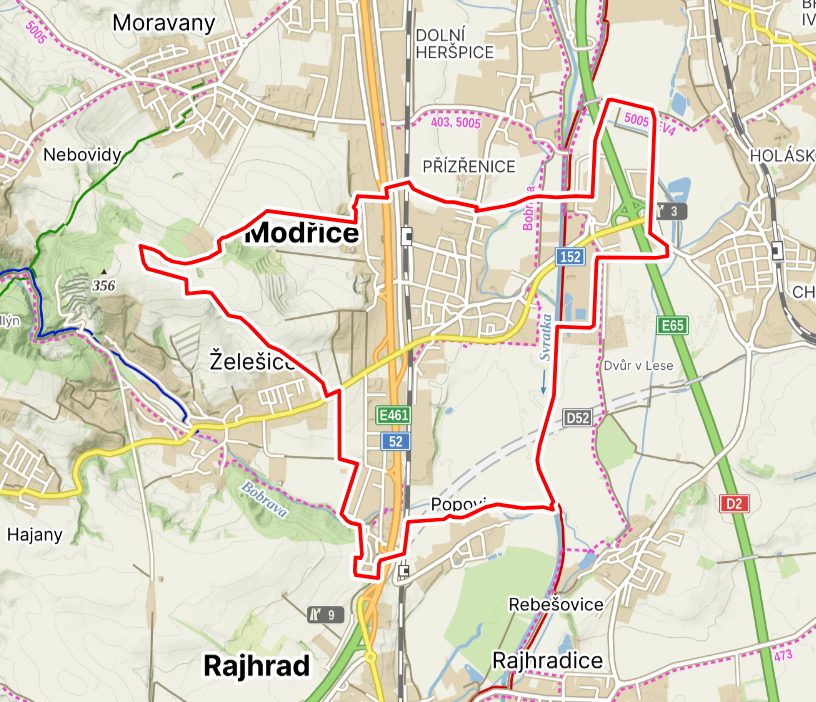 Katastrální mapa města Modřice s vyznačenou hranicí katastrálního území